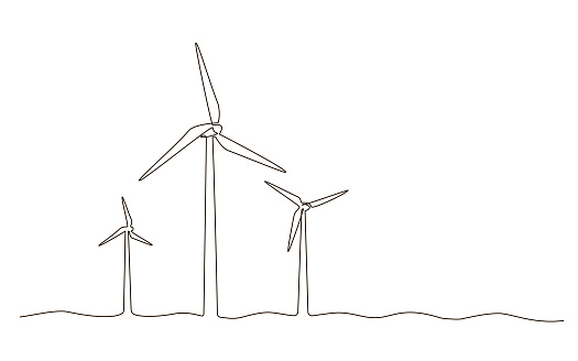 Wind farm turbine alternative energy at the sea continuous one line drawing. Renewable source energy concept vector illustration in doodle style. Contour line sign for innovation, environment design