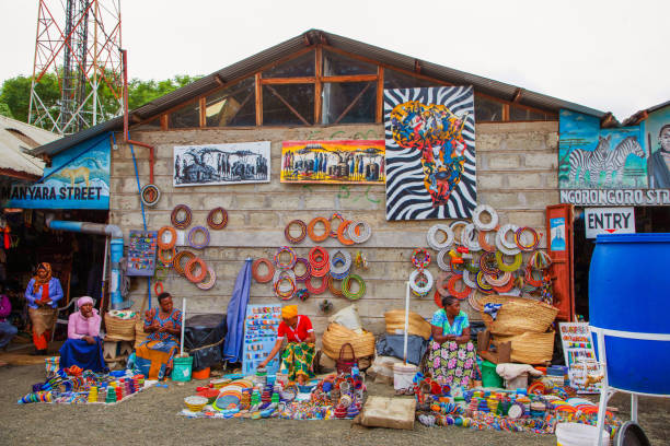 Arusha,Tanzania, Africa.02 february 2022. African women sell handicrafts with national Tanzanian themes at Masai market in Arusha