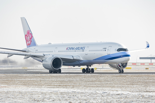 PRAGUE - January 21, 2024: China Airlines Airbus A350-941 REG: B-18906 at Vaclav Havel Airport Prague. From Prague to Taipei. China Airlines is the flag carrier airline of Taiwan.