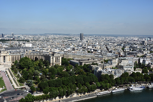 Drone view of the Trocadero Gardens in Paris, France and the Seine River. In the distance you can see the modern part of the city with skyscrapers and a blue sky