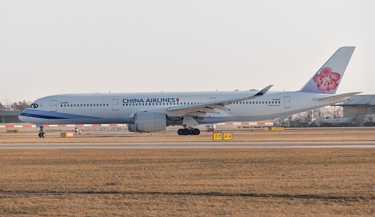 PRAGUE - December 27, 2023: China Airlines Airbus A350-941 REG: B-18917 at Vaclav Havel Airport Prague. From Prague to Taipei. China Airlines is the flag carrier airline of Taiwan.