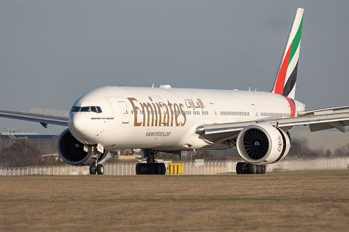 PRAGUE - December 27, 2023: Emirates Boeing 777-31H(ER) REG: A6-EPU at Vaclav Havel Airport Prague. From Dubai to Prague.Emirates is the largest airline and one of two flag carriers of the UAE.