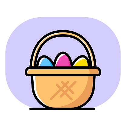 Vector illustration of multi-colored Easter eggs in a basket against a purple background in line art style.