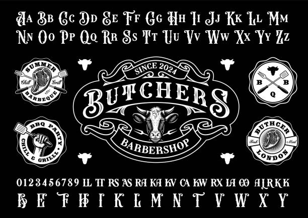 a set of vintage butcher shop themed templates with an old fashioned font