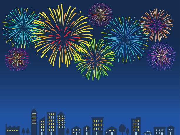 ilustrações de stock, clip art, desenhos animados e ícones de night cityscape and fireworks - espetáculo de fogo de artifício