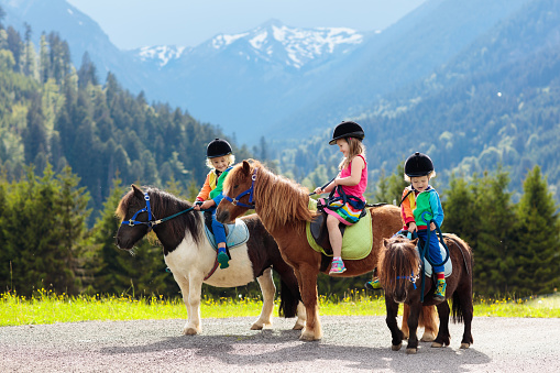 Kids riding pony in the Alps mountains. Family spring vacation on horse ranch in Austria, Tirol. Children ride horses. Kid taking care of animal. Child and pet. Little girl and boy in saddle on pony.