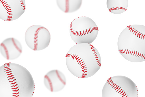 Many baseball balls flying on white background