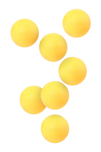 Many table tennis balls flying on white background