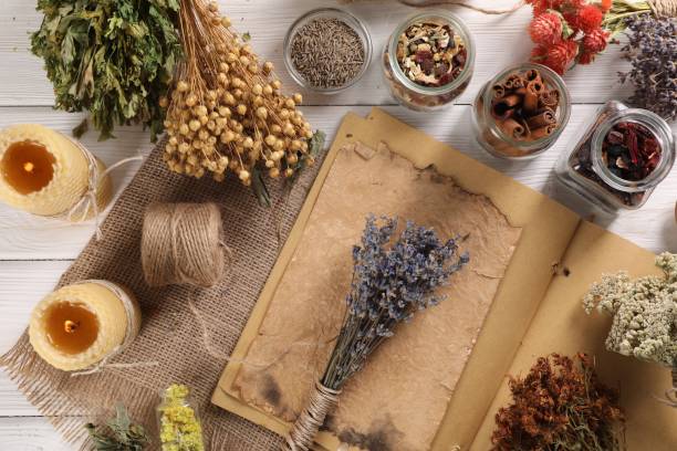 istock Flat lay composition with many different dry herbs and flowers on white wooden table 1961063434
