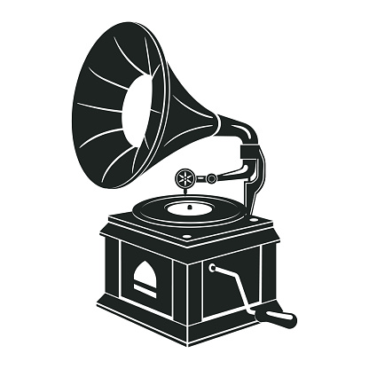 Gramophone silhouette. Old school audio player, antique device for listening music flat vector illustration. Retro gramophone silhouette on white background