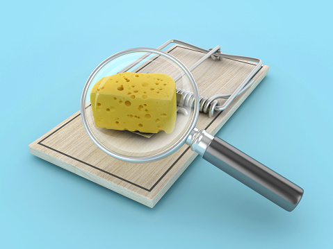 Mouse Trap with Cheese and Magnifying Glass - Colored Background - 3D Rendering