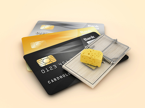 Mouse Trap with Cheese on Credit Cards - Colored Background - 3D Rendering