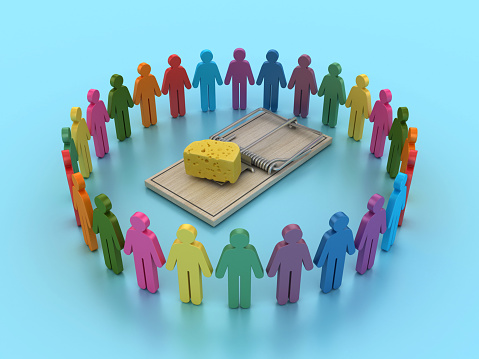 Mouse Trap with Pictogram Teamwork People - Colored Background - 3D Rendering