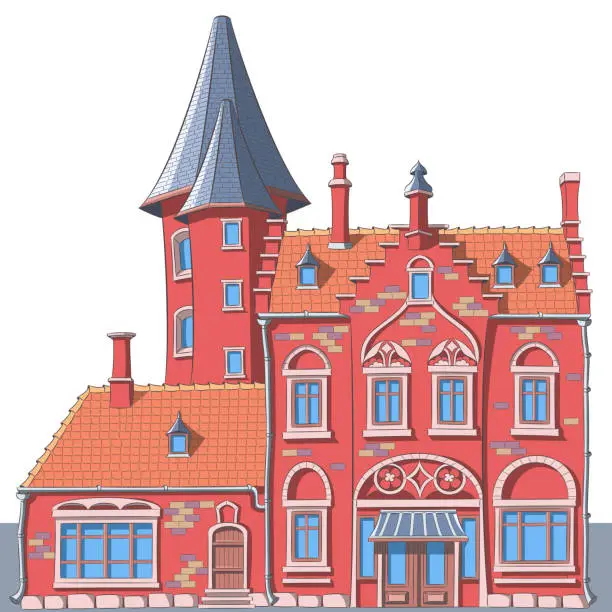 Vector illustration of Vector drawing of a traditional old stone house with towers in Bruges isolated on a white background.