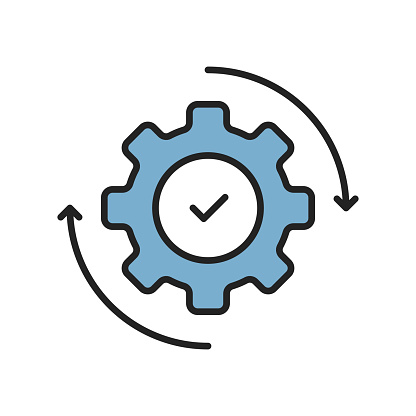easy integration icon with gear and tick. linear trend modern work flow design web element isolated on white. concept of development or innovation or technical service or setting symbol