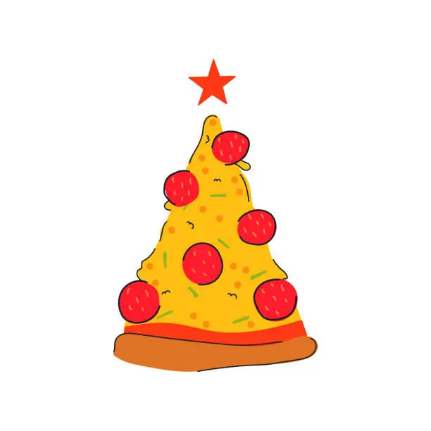 Vector illustration of Christmas tree in shape of a slice of pizza. Holiday fast food delivery.