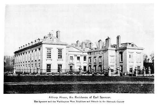 The Spencer family is an aristocratic family, which includes Winston Churchill and Princess Diana Spencer, in Northamptonshire, England, UK. Photograph  engraving published 1896.  Original edition is from a history book in my own archives. Copyright has expired and is in Public Domain.
