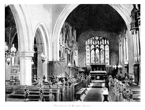 Lawrence Washington's at St Mary' s Virgin Church in Brington, Northamptonshire, England. Lawrence was George Washington's ancestor. Engraving published 1896. Copyright expired; artwork is in Public Domain.