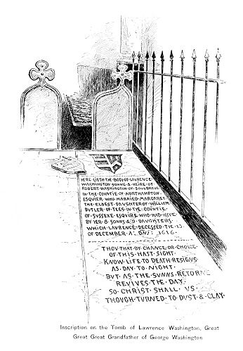 Lawrence Washington's Tombstone engraving at St Mary' s Virgin Church in Brington, Northamptonshire, England. Lawrence was George Washington's ancestor. Engraving published 1896. Copyright expired; artwork is in Public Domain.