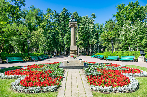 Central Park in downtown Chisinau, Moldova with the Monument of Alexander Pushkin on a sunny day.