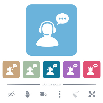 Talking operator active solid white flat icons on color rounded square backgrounds. 6 bonus icons included