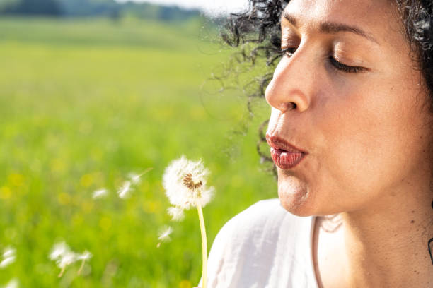 portrait attractive teenage girl blowing on blooming dandelion, sitting in grass on field. Allergic reaction, runny nose to spring flowering
