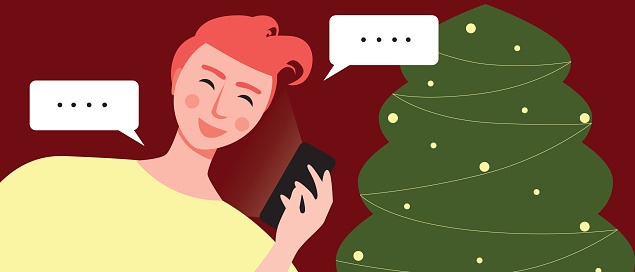 Man online with phone as Holiday Solitude, finding meaning and connection in solitude, flat vector stock illustration