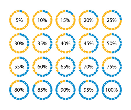 Blue and yellow circle loading template. 100 percent round pie chart. Schemes with sectors. Progress diagram structure. Circular bar. Piechart with segments and slices. Vector illustration
