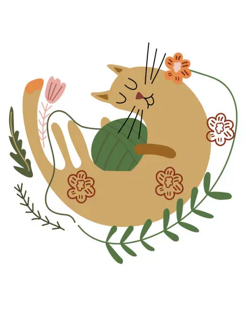 Vector illustration of Funny lazy cat playing with threads, flat flowers and leaves around. Four-legged domestic animals. Ideal for posters, greeting cards and various creative projects. Vector