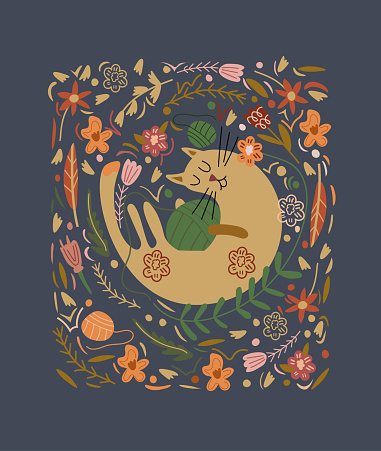 Funny lazy cat playing with threads, flat flowers and leaves around. Four-legged domestic animals. Ideal for posters, greeting cards and various creative projects. Vector