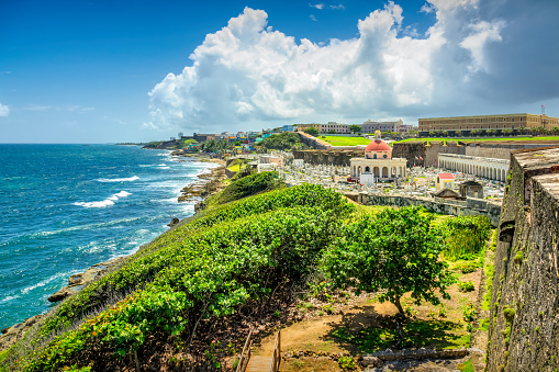 Coastline and View of Old San Juan, Puerto Rico on a sunny day.