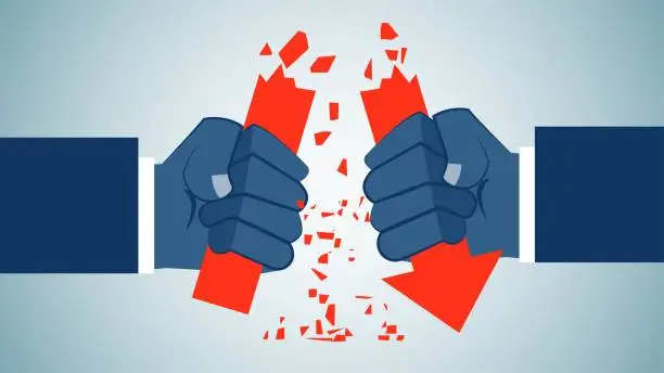 Vector illustration of Failure of investment or loss of business, contract cancellation or termination of agreement, breaking the red arrow with both hands