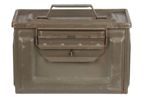 istock US army green metal .50 cal ammo can on white. 1961220149