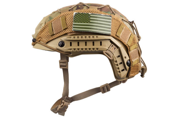 istock Camouflaged military helmet with US flag patch 1961227403