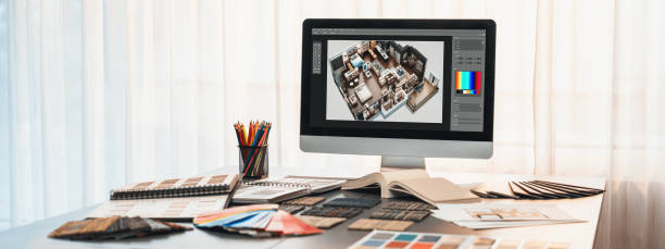istock Modern interior design office with laptop and colorful board materials. Insight 1961283617