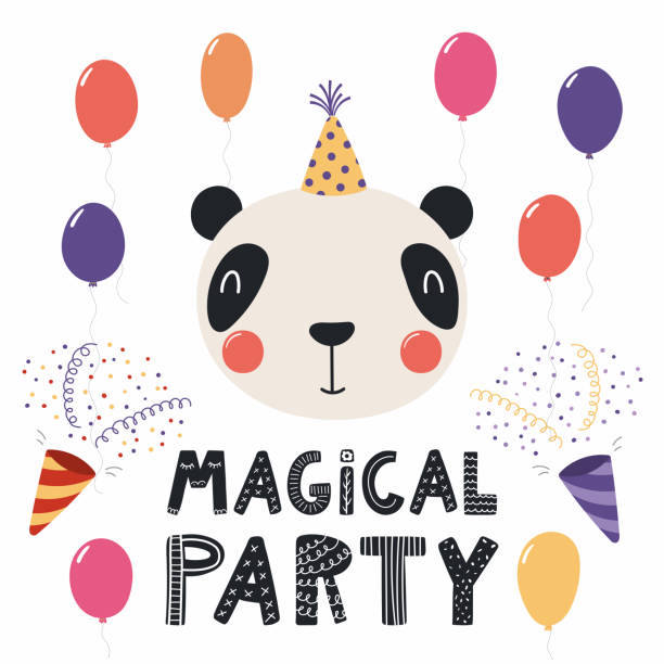 cute panda birthday card - party hat party popper party congratulating stock illustrations