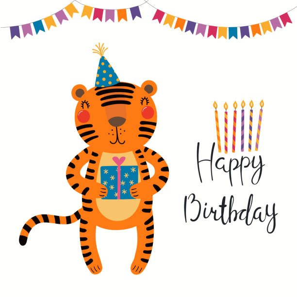 Cute funny tiger in party hat, text Happy birthday Cute funny tiger in party hat, with gift, quote Happy birthday, isolated on white. Hand drawn vector illustration. Scandinavian style flat design. Concept for kids fashion, textile print, poster, card happy birthday hand lettering clip art stock illustrations