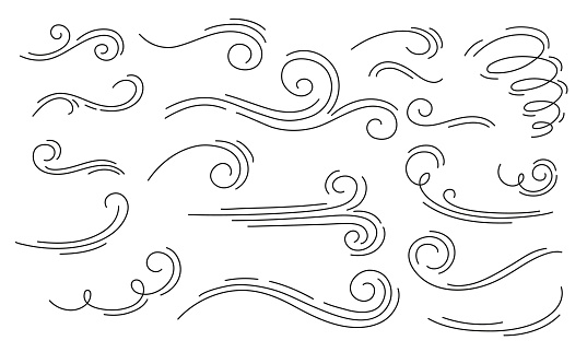 Doodle air wind motions, hurricane blow and windy storm flow waves, vector cartoon effects in line art. Autumn wind blowing in speed motion, windy spiral clouds of winter hurricane or summer breeze