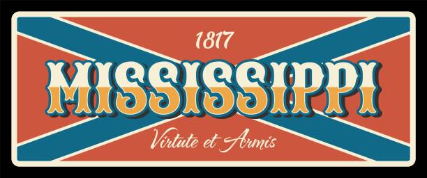 Mississippi vintage sign USA state travel plate, vector US state symbol of American tourism and traveling. Virtute et armis Mississippi coat of arms motto, Jackson capital