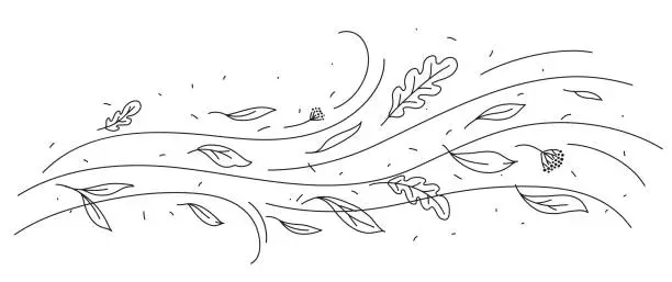 Vector illustration of Wind and flying doodle autumn leaves, hurricane