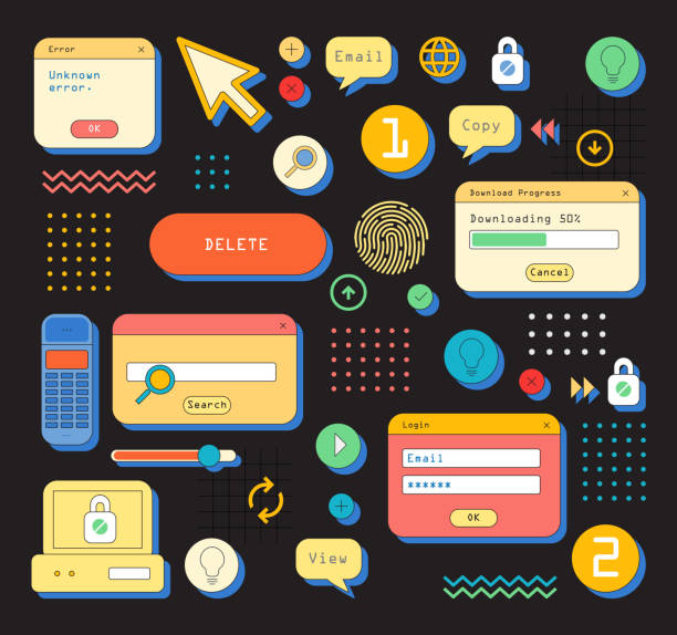 Retro browser computer window in 90's style with icons and stickers. Retro wave pc desktop with message boxes and popup user interface elements, Vector illustration of UI and UX Kit - User Interface and User Experience Pack 90's style User Interface kit on dark background login website stock illustrations