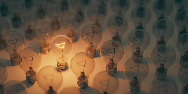 A light bulb that shines alone among many unlit light bulbs.3d rendering