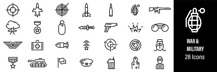 Military Web Icons. War, Gun, Weapon, Soldier, Tank. Vector in Line Style Icons