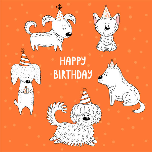 ilustraciones, imágenes clip art, dibujos animados e iconos de stock de colección de perros de dibujos animados en sombreros de fiesta - birthday card dog birthday animal