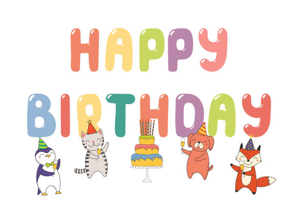 illustrazioni stock, clip art, cartoni animati e icone di tendenza di cute birthday card, banner - party hat party popper party congratulating