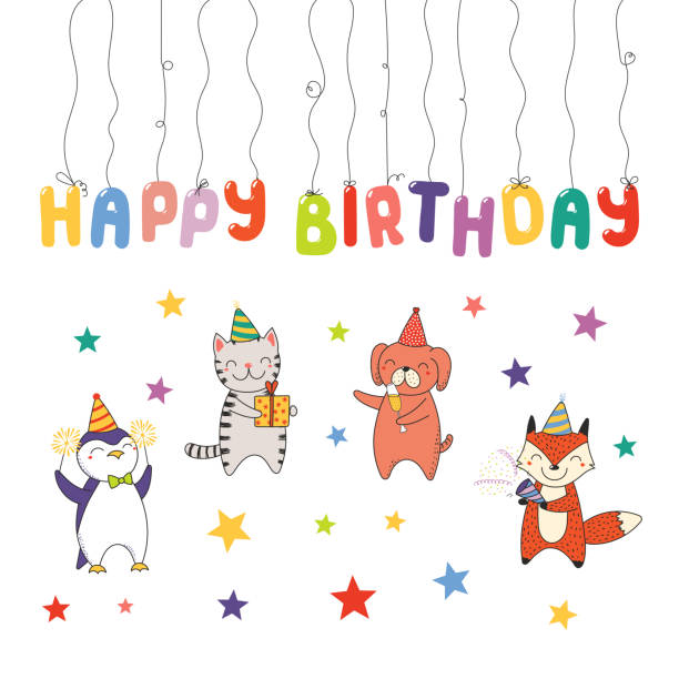 illustrazioni stock, clip art, cartoni animati e icone di tendenza di cute birthday card, banner - party hat party popper party congratulating