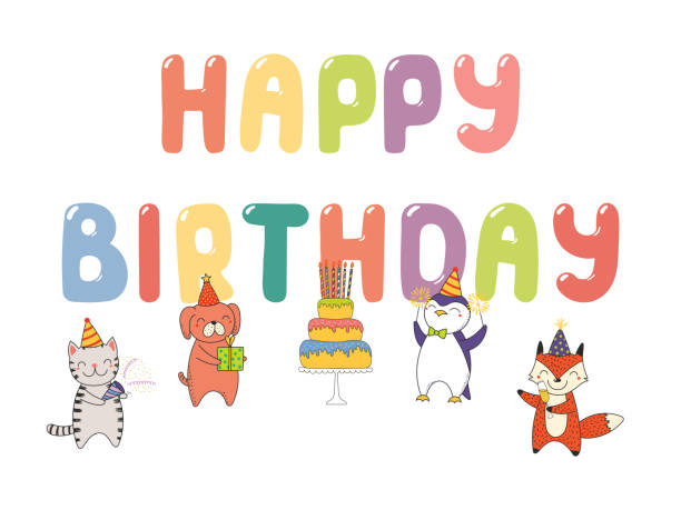 cute birthday card, banner - party hat party popper party congratulating stock illustrations