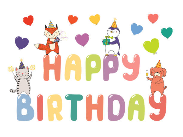 cute birthday card, banner - party hat party popper party congratulating stock illustrations