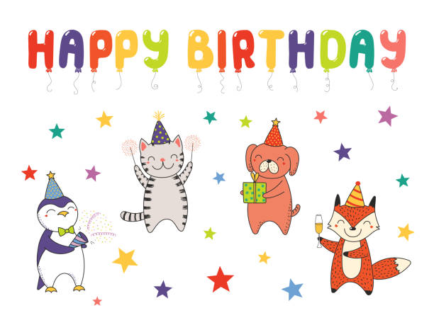 cute birthday card, banner - party hat party popper party congratulating stock illustrations