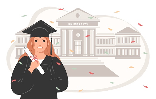 Happy graduate student with a diploma, wearing a robe and a square academic cap the backdrop of the university. Woman who graduated from her studies. Vector illustration.